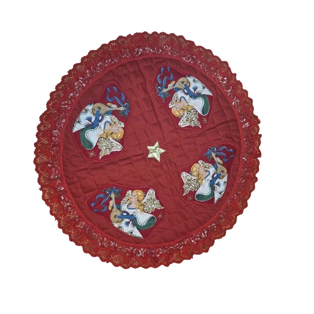 Vintage Hand Quilted Angel Christmas Tree Skirt Small Holiday Festive Decor